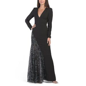 DRESS THE POPULATION BLACK MULTI Winnie Long Sleeve Gown With Mesh Insert